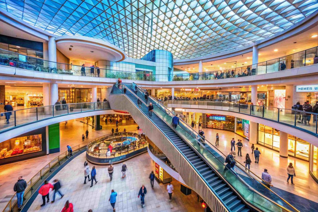 Shoppers navigating escalators at a mall