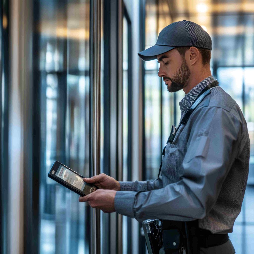 Guard using a tablet in a hallway